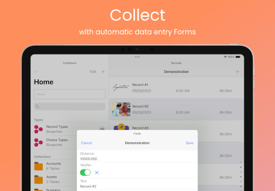 iOS database app screenshot: Collect with automatic data entry Forms (iPad)