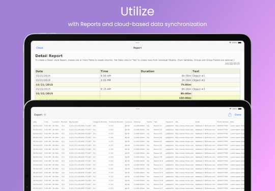 iOS database app screenshot: Utilize with Reports and cloud-based data synchronization (iPad)