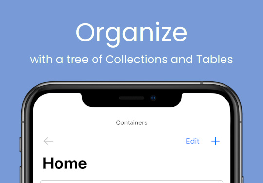 iOS database app screenshot: Organize with a tree of Collections and Tables (iPhone)