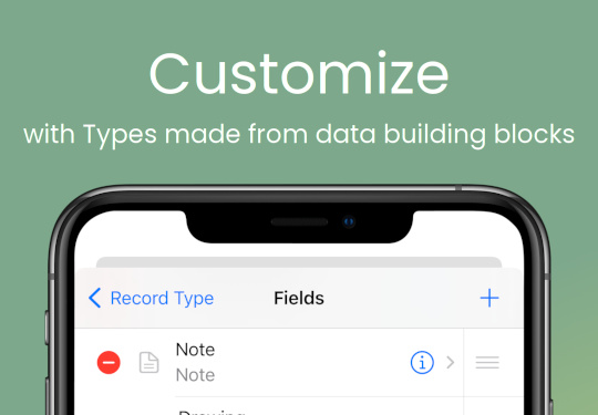 iOS database app screenshot: Customize with Types made from data building blocks (iPhone)