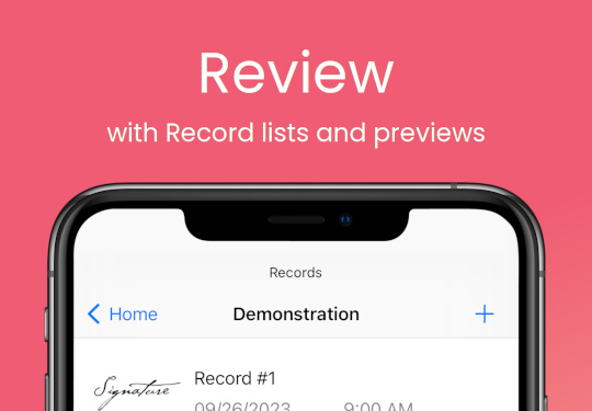 iOS database app screenshot: Review with Record lists and previews (iPhone)