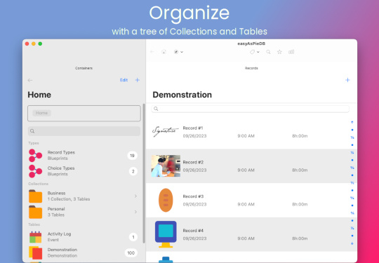 Desktop database app screenshot: Organize with a tree of Collections and Tables (Mac)