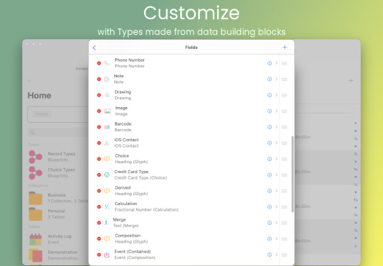 Desktop database app screenshot: Customize with Types made from data building blocks (Mac)