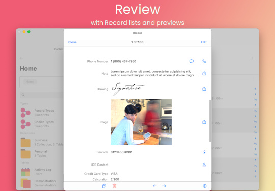 Desktop database app screenshot: Review with Record lists and previews (Mac)