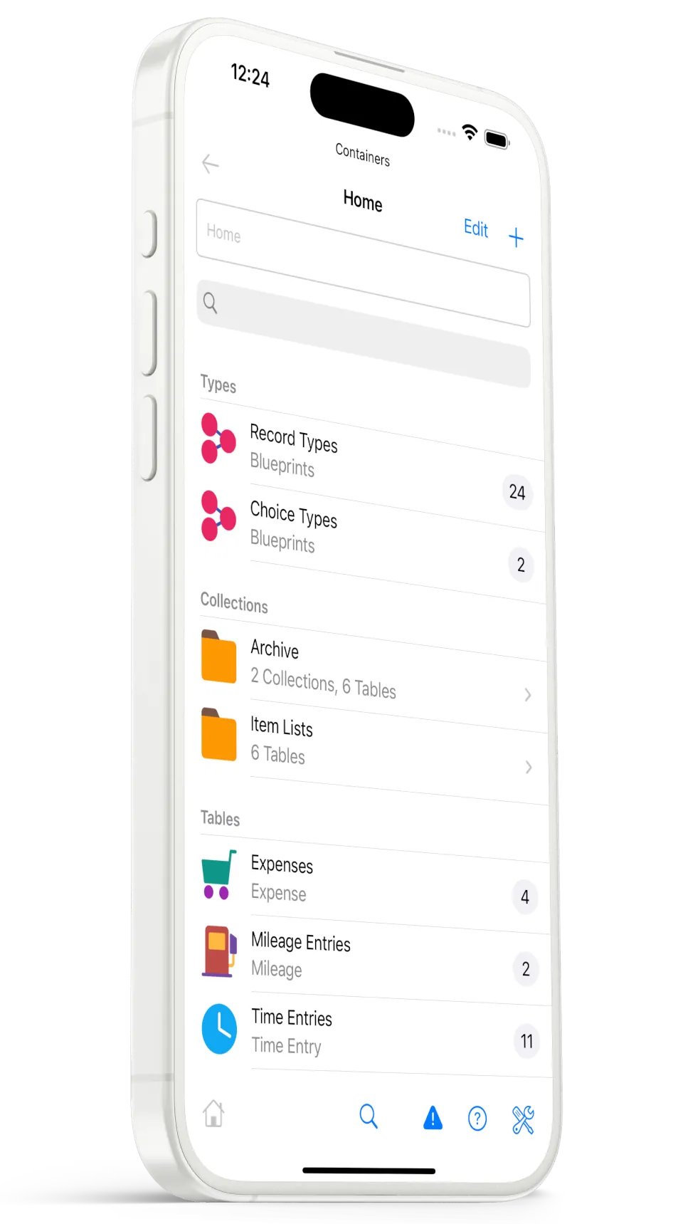 An iOS time tracker, expense tracker and mileage tracker app displaying Entry definition, categorization and tables