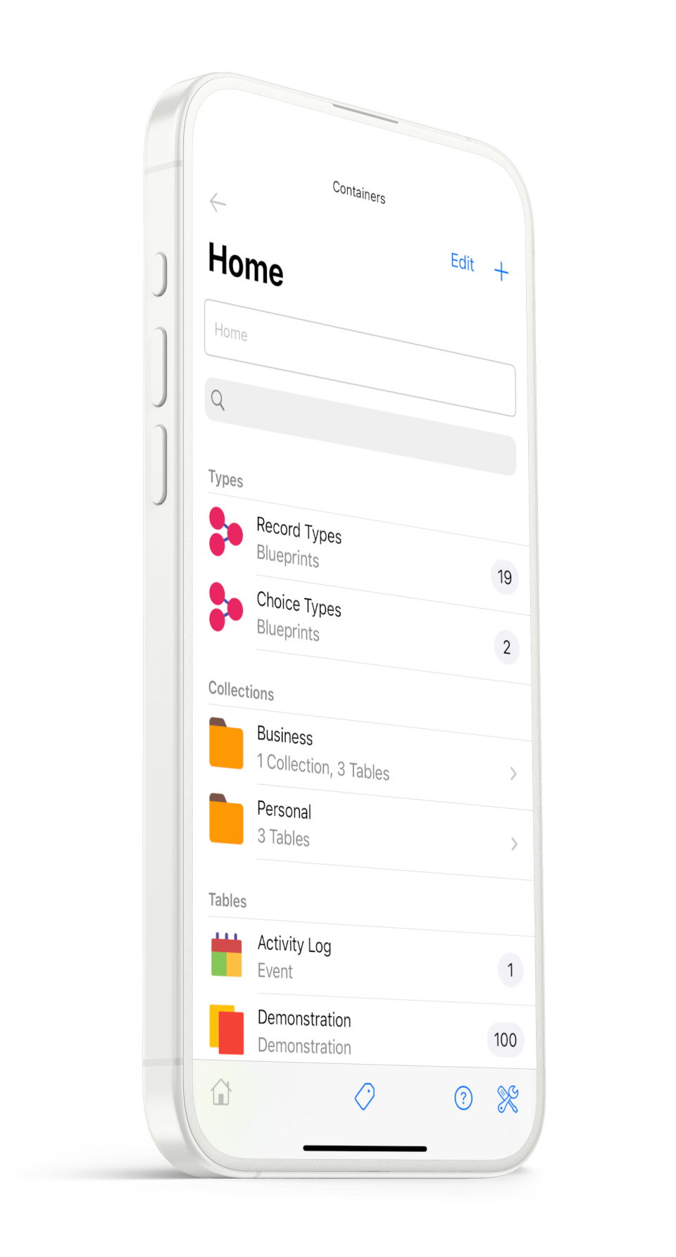An iPhone database app displaying Record definition, categorization and tables