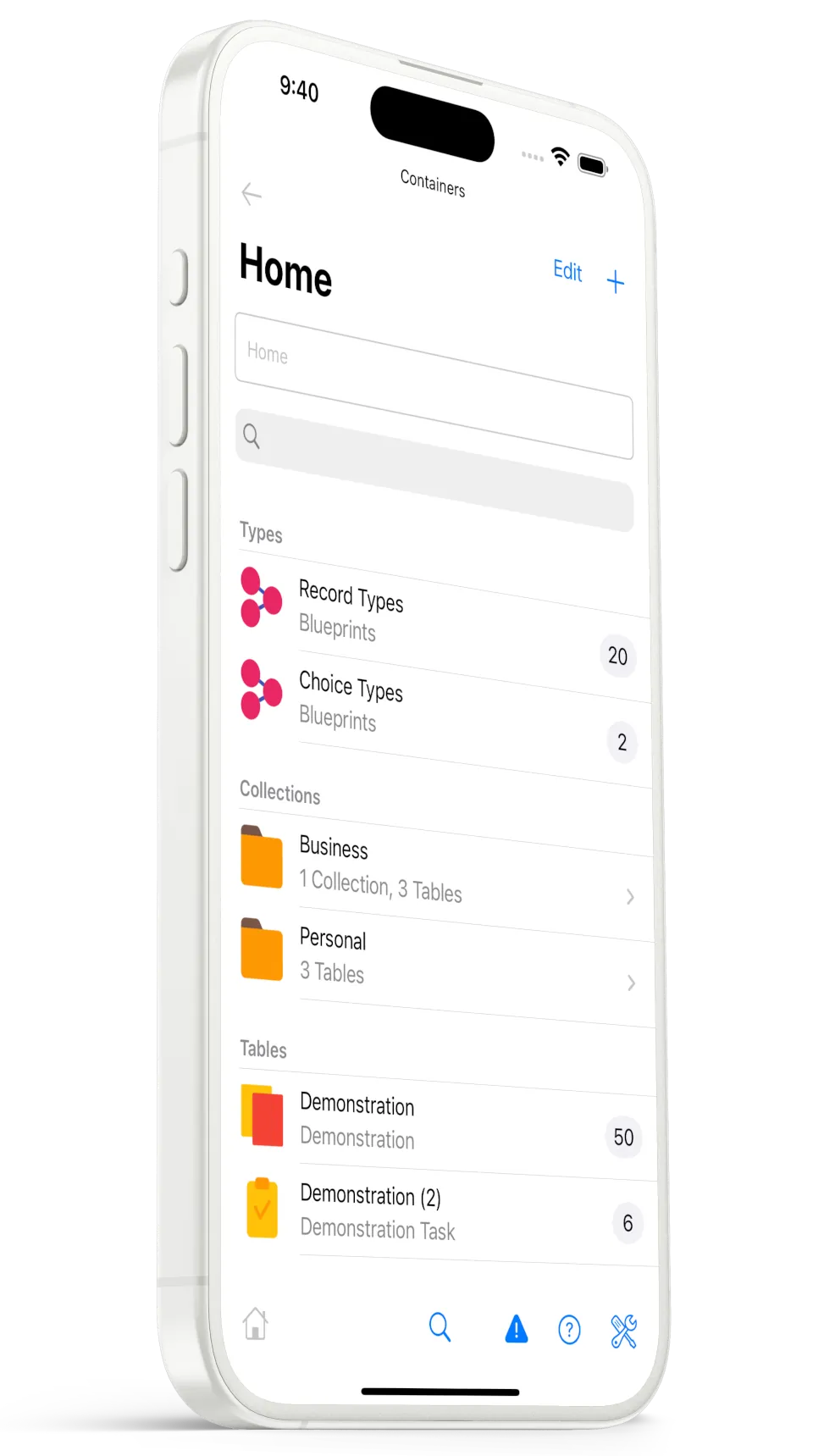 An iOS database app displaying Record definition, categorization and tables