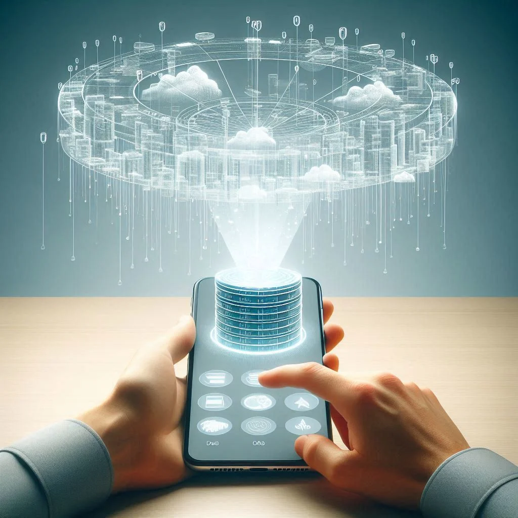 A futuristic smartphone projecting a 3D hologram of an iOS database app above its screen